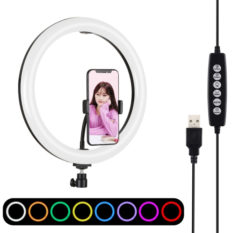 PULUZ Luzes de vídeo para vlogging e fotografia com anel LED curvo USB de 30cm (11,8 polegadas), 10 modos, 8 cores RGBW, regulável, com tripé, cabeça esférica e suporte para telemóvel, controlo por botão