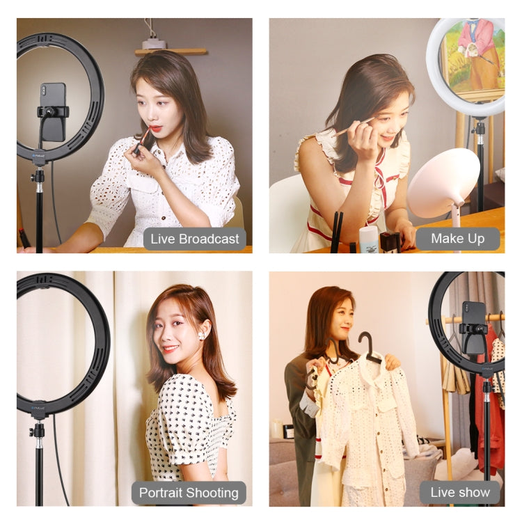 PULUZ Luzes de vídeo para vlogging e fotografia com anel LED curvo USB de 30cm (11,8 polegadas), 10 modos, 8 cores RGBW, regulável, com tripé, cabeça esférica e suporte para telemóvel, controlo por botão