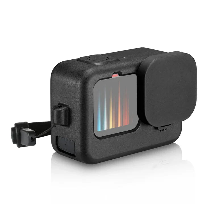 Capa Protetora de Silicone PULUZ para GoPro HERO12 Black /11 Black /10 Black /9 Black + Tampa Lateral de Interface POM com Correia de Pulso & Tampa de Lente, Capa de Silicone para GoPro HERO12 Black + Tampa Lateral