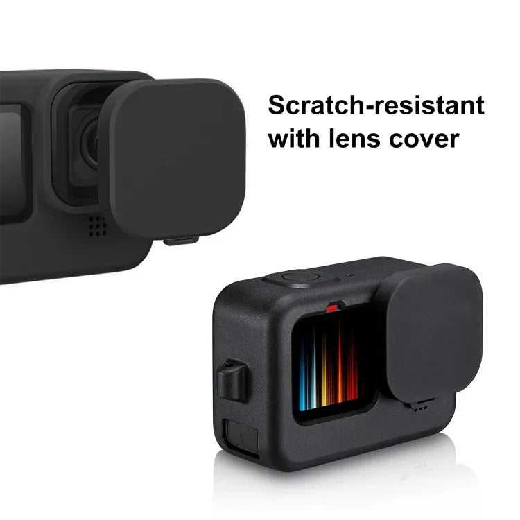 Capa Protetora de Silicone PULUZ para GoPro HERO12 Black /11 Black /10 Black /9 Black + Tampa Lateral de Interface POM com Correia de Pulso & Tampa de Lente, Capa de Silicone para GoPro HERO12 Black + Tampa Lateral