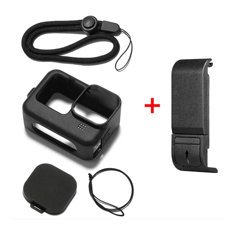 Capa Protetora de Silicone PULUZ para GoPro HERO12 Black /11 Black /10 Black /9 Black + Tampa Lateral de Interface POM com Correia de Pulso & Tampa de Lente, Capa de Silicone para GoPro HERO12 Black + Tampa Lateral