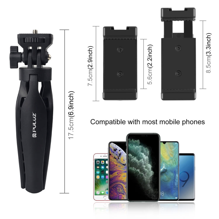 Suporte de tripé de secretária PULUZ em plástico com suporte para telemóvel e cabeça de tripé ajustável para smartphones