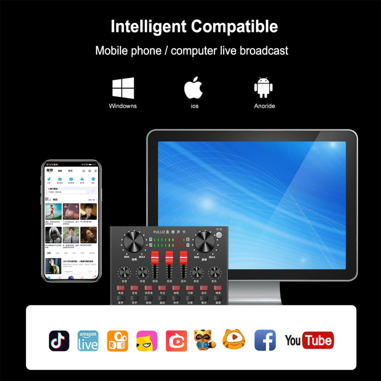 PULUZ Placa de som para transmissão ao vivo com Bluetooth para karaokê, gravação e mistura de som para telemóvel / computador / portátil / tablet, versão chinesa