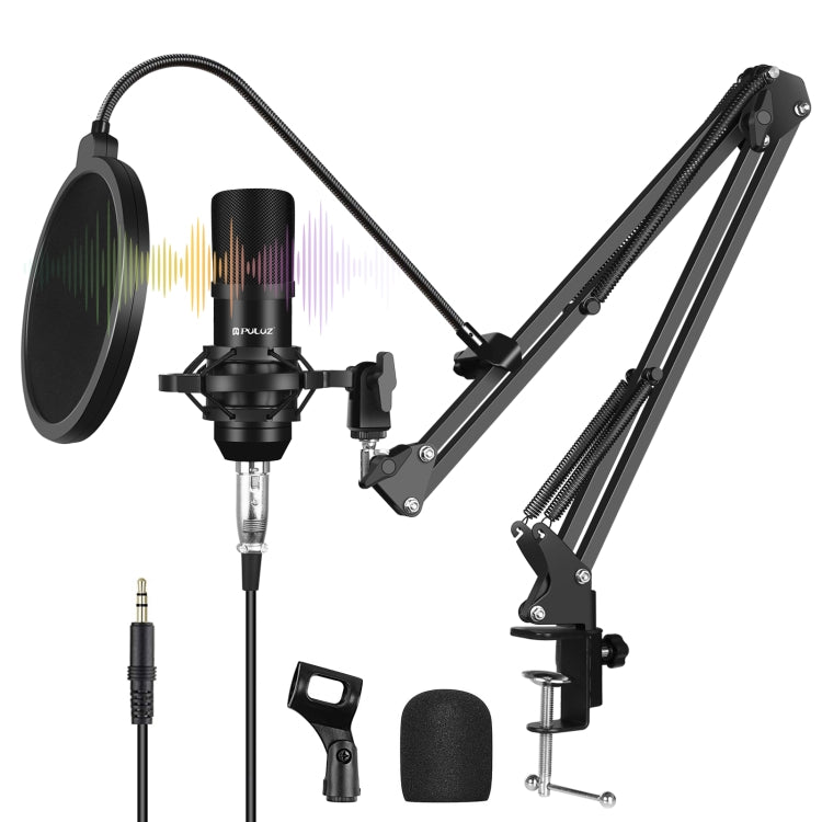PULUZ Kits profissionais de microfone para estúdio e transmissão com braço de suspensão em tesoura, suporte anti-choque metálico e placa de som USB, kits de microfone (preto), kits de microfone (dourado), kits de microfone (prateado)