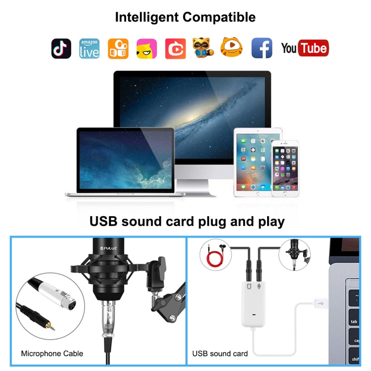 PULUZ Kits profissionais de microfone para estúdio e transmissão com braço de suspensão em tesoura, suporte anti-choque metálico e placa de som USB, kits de microfone (preto), kits de microfone (dourado), kits de microfone (prateado)
