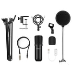 PULUZ Kits profissionais de microfone para estúdio e transmissão com braço de suspensão em tesoura, suporte anti-choque metálico e placa de som USB, kits de microfone (preto), kits de microfone (dourado), kits de microfone (prateado)