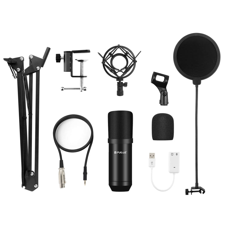 PULUZ Kits profissionais de microfone para estúdio e transmissão com braço de suspensão em tesoura, suporte anti-choque metálico e placa de som USB, kits de microfone (preto), kits de microfone (dourado), kits de microfone (prateado)