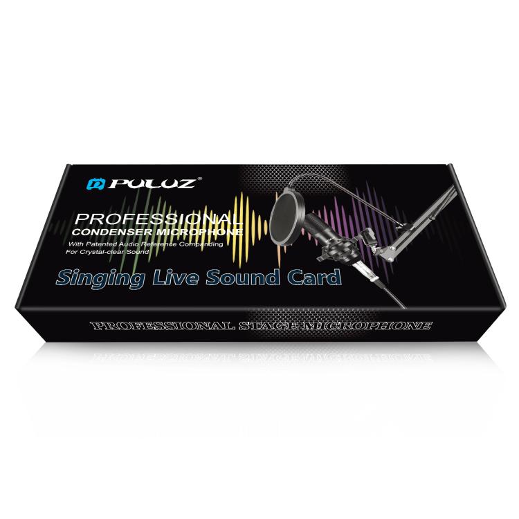 PULUZ Kits profissionais de microfone para estúdio e transmissão com braço de suspensão em tesoura, suporte anti-choque metálico e placa de som USB, kits de microfone (preto), kits de microfone (dourado), kits de microfone (prateado)