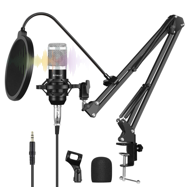 PULUZ Kits profissionais de microfone para estúdio e transmissão com braço de suspensão em tesoura, suporte anti-choque metálico e placa de som USB, kits de microfone (preto), kits de microfone (dourado), kits de microfone (prateado)