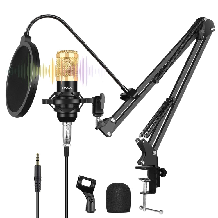 Kit de microfone condensador PULUZ para estúdio, transmissão e canto profissional com braço de tesoura suspenso, suporte anti-choque metálico e placa de som USB, Alimentação 48V, Kit de microfone 48V (Dourado)