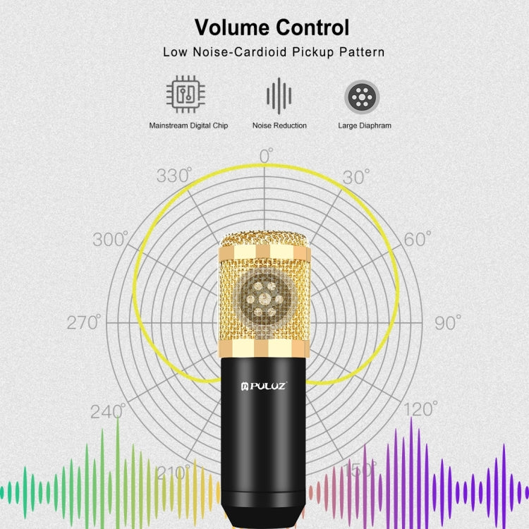 Kit de microfone condensador PULUZ para estúdio, transmissão e canto profissional com braço de tesoura suspenso, suporte anti-choque metálico e placa de som USB, Alimentação 48V, Kit de microfone 48V (Dourado)