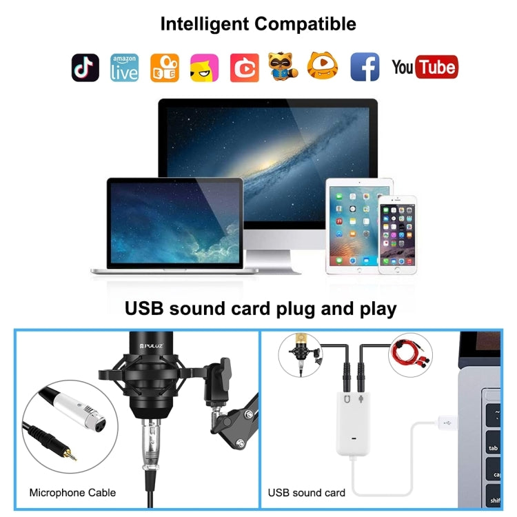 Kit de microfone condensador PULUZ para estúdio, transmissão e canto profissional com braço de tesoura suspenso, suporte anti-choque metálico e placa de som USB, Alimentação 48V, Kit de microfone 48V (Dourado)