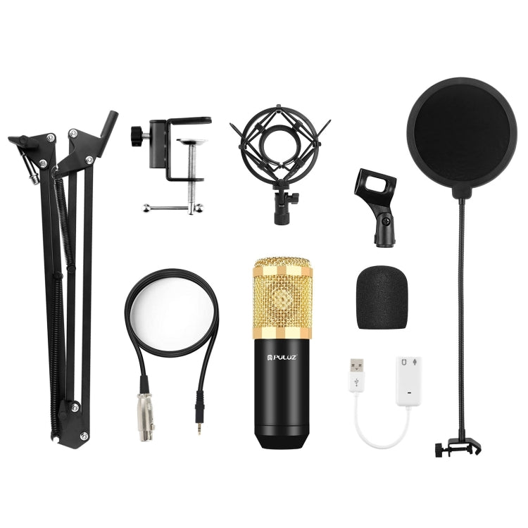 Kit de microfone condensador PULUZ para estúdio, transmissão e canto profissional com braço de tesoura suspenso, suporte anti-choque metálico e placa de som USB, Alimentação 48V, Kit de microfone 48V (Dourado)