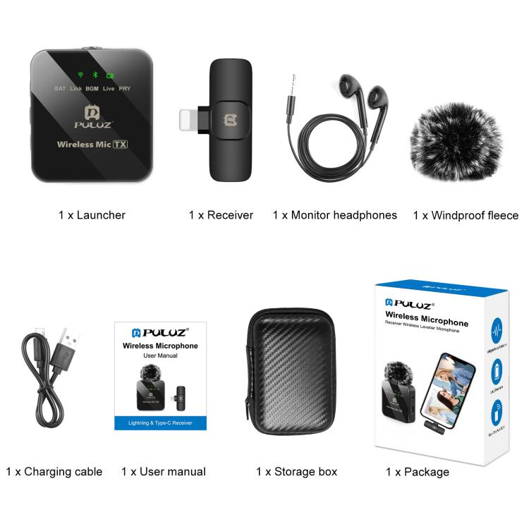 Microfone Lavalier Sem Fios PULUZ para iPhone / iPad, Receptor de 8 Pinos, 8 Pinos 1 TX + 1 RX