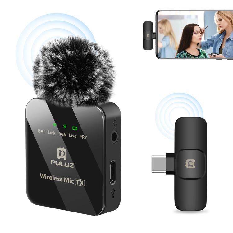 Microfone Lavalier Sem Fios PULUZ para Telemóvel Type-C, Receptor Type-C, Type-C 1 TX + 1 RX