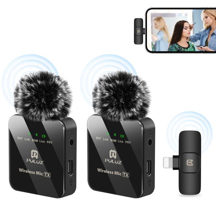 Microfone Lavalier Sem Fios PULUZ para iPhone / iPad, Receptor de 8 Pinos e Microfones Duplos, 8 Pinos 2 TX + 1 RX