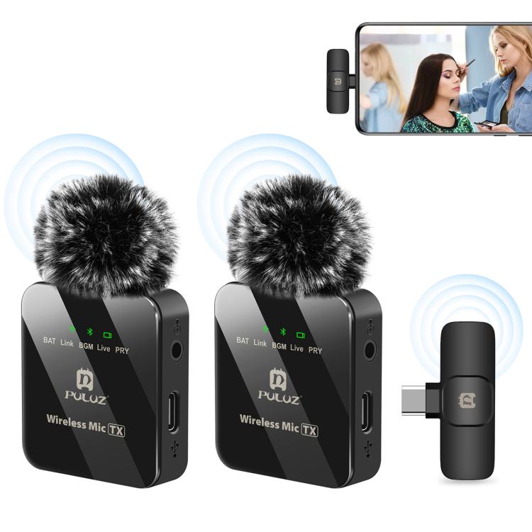 Microfone Lavalier Sem Fios PULUZ para Telemóvel Type-C, Receptor Type-C e Microfones Duplos, Type-C 2 TX + 1 RX