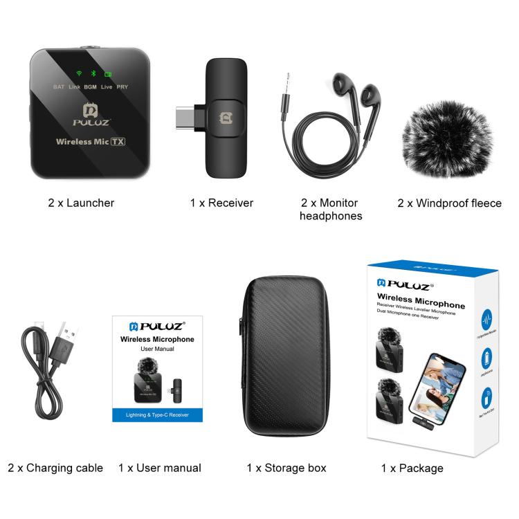 Microfone Lavalier Sem Fios PULUZ para Telemóvel Type-C, Receptor Type-C e Microfones Duplos, Type-C 2 TX + 1 RX