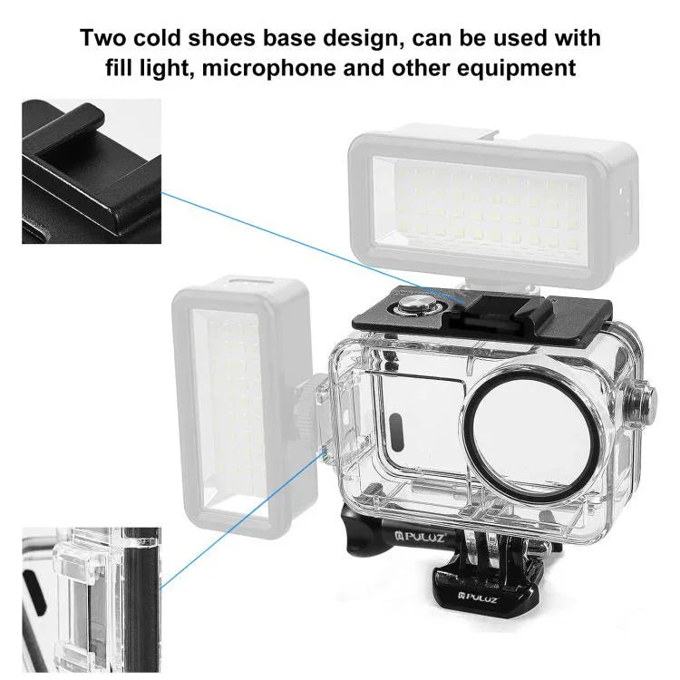 Caixa Subaquática Impermeável para Mergulho PULUZ 60m para DJI Osmo Action 5 Pro / 3 / 4 com Cold Shoe & Fecho Montagem Básica & Parafuso, Caixa Impermeável para DJI Osmo Action 3 / 4