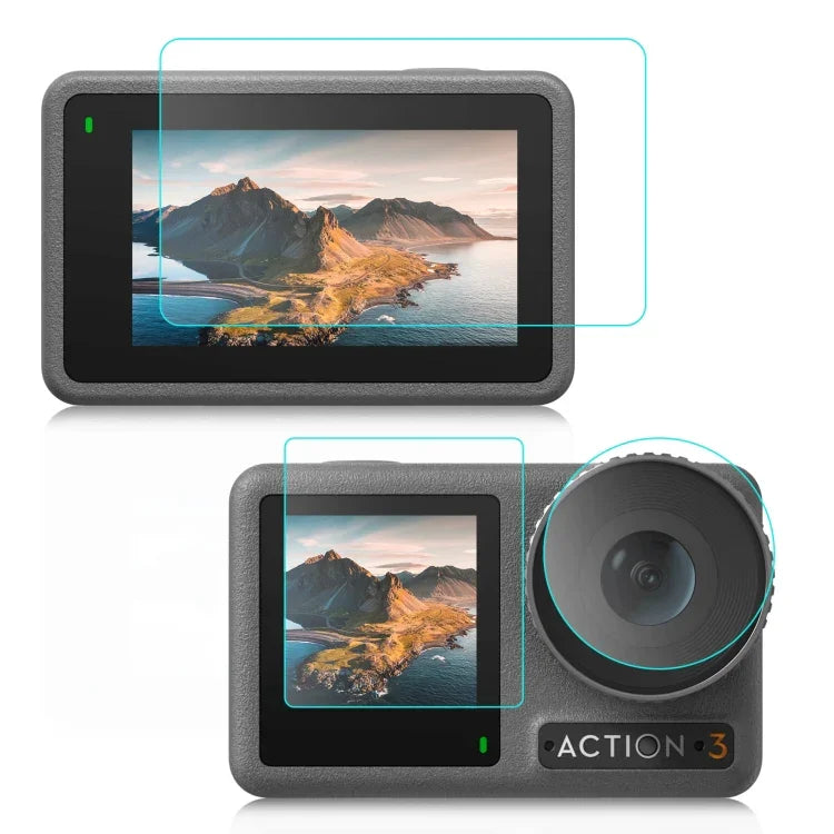 Para DJI Osmo Action 3 PULUZ Filme de Vidro Temperado Explosão-Prova 3 em 1 para Lente da Frente e Ecrã Traseiro, Para DJI Osmo Action 3