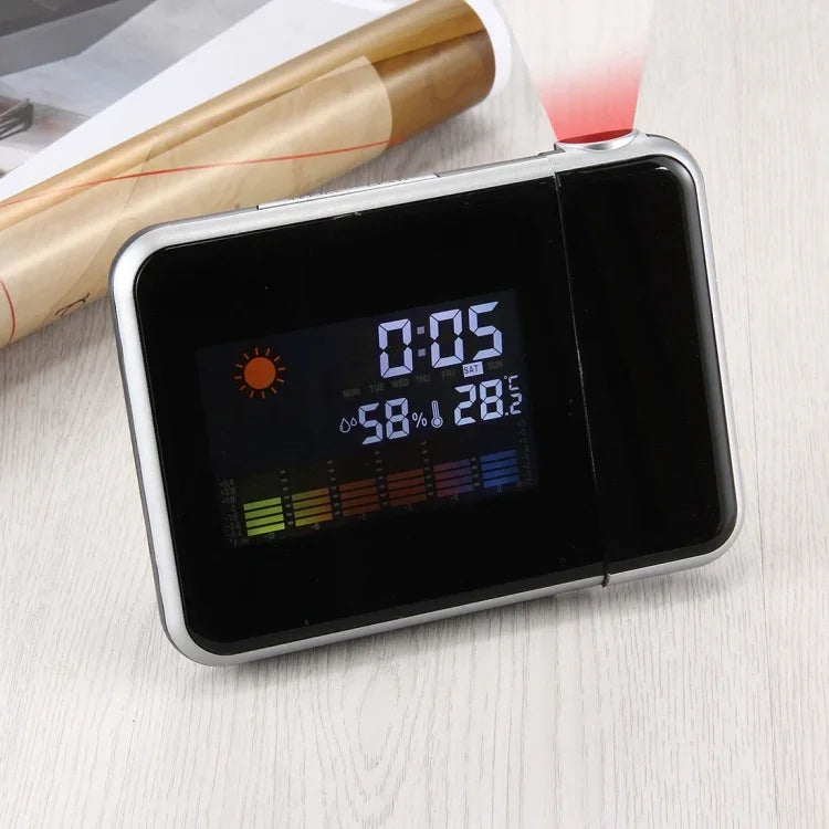 Despertador Multifuncional com Ecrã LCD a Cores, Projeção LED, Estação Meteorológica / Temperatura / Humidade / Calendário, Despertador com Projeção LED
