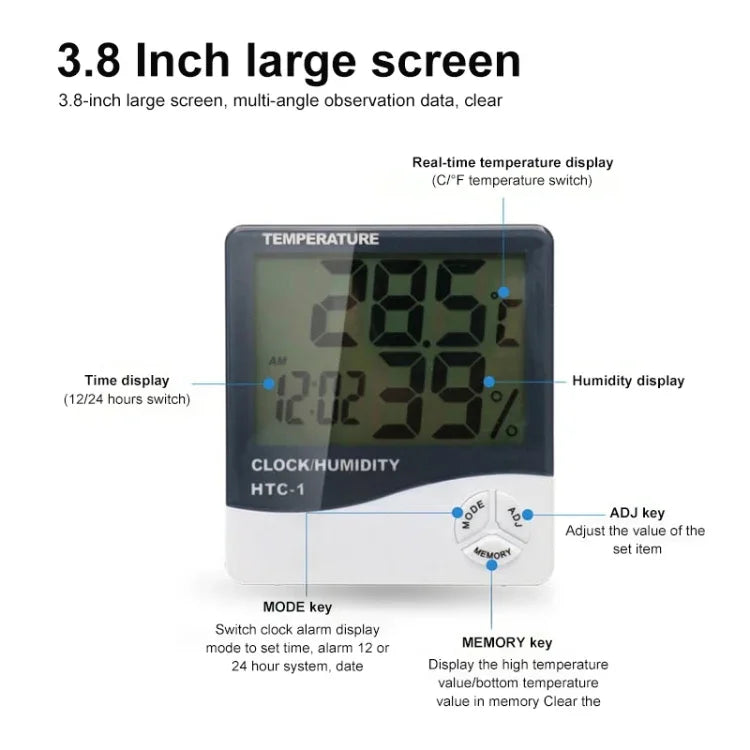 Medidor Digital de Temperatura e Humidade LCD de 3,8 polegadas com Relógio / Calendário (HTC-1), HTC-1
