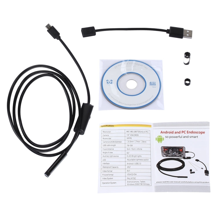 Câmara de Inspeção Endoscópica Micro USB Impermeável com Tubo Flexível e 6 LED para Telemóvel Android OTG, Comprimento: 1m, Diâmetro da Lente: 7mm, 7mm