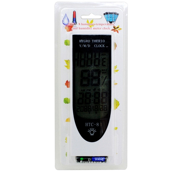 Termómetro Digital LED LCD Luminoso HTC-8 com Luz de Fundo, Higrómetro Medidor de Humidade, com Alarme / Data / Relógio / Calendário, HTC-8