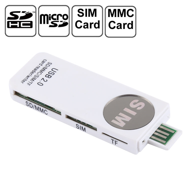 Leitor Universal de Cartões USB, Suporta Cartões SD / MMC / SIM / TF, Branco