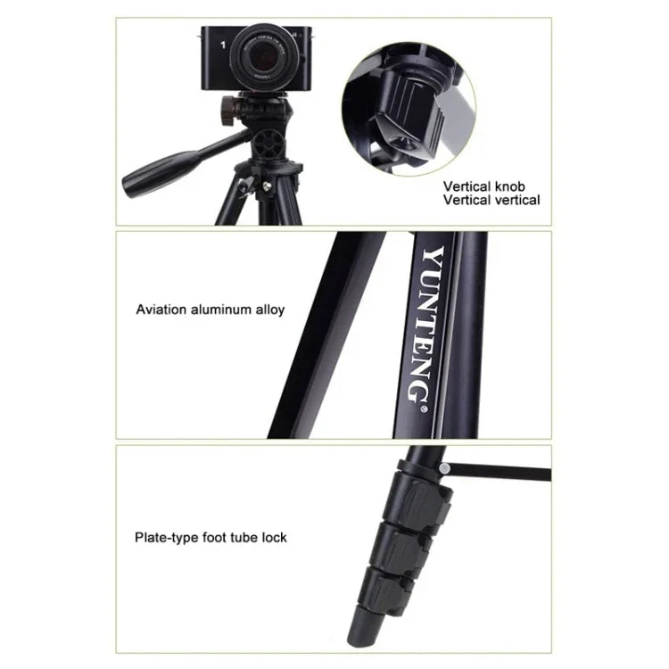 Tripé YUNTENG VCT-681 138cm para Câmaras SLR / Micro-SLR / Digitais, Pernas de Alumínio Dobráveis em 4 Secções, Adequado para Canon / Nikon / Panasonic / Pentax / Casio / Sony / Fuji (Capacidade de Carga: 3kg)
