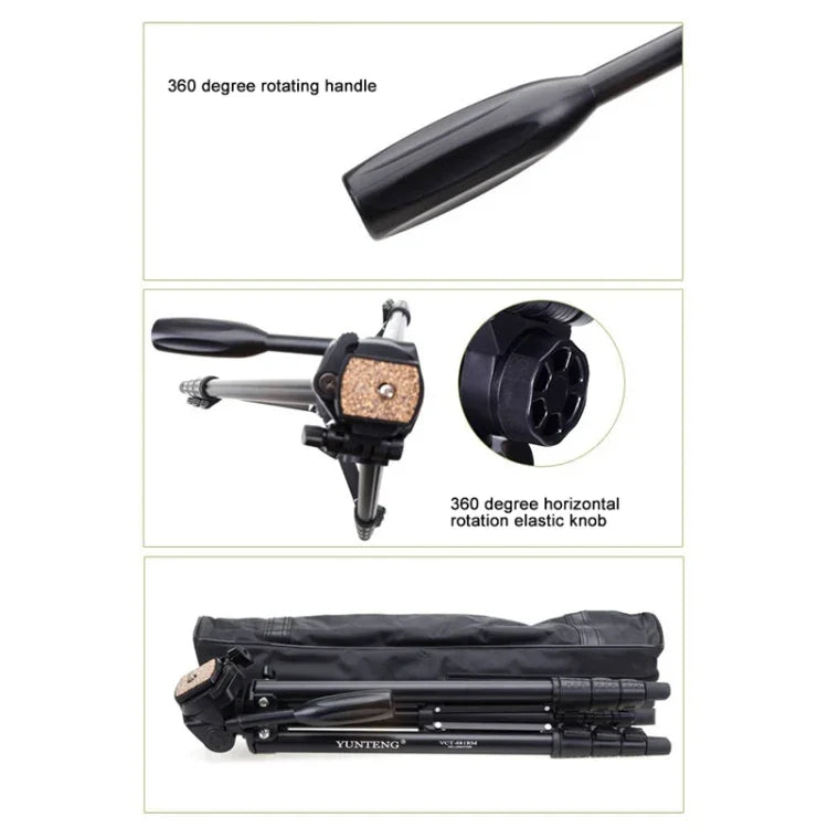 Tripé YUNTENG VCT-681 138cm para Câmaras SLR / Micro-SLR / Digitais, Pernas de Alumínio Dobráveis em 4 Secções, Adequado para Canon / Nikon / Panasonic / Pentax / Casio / Sony / Fuji (Capacidade de Carga: 3kg)