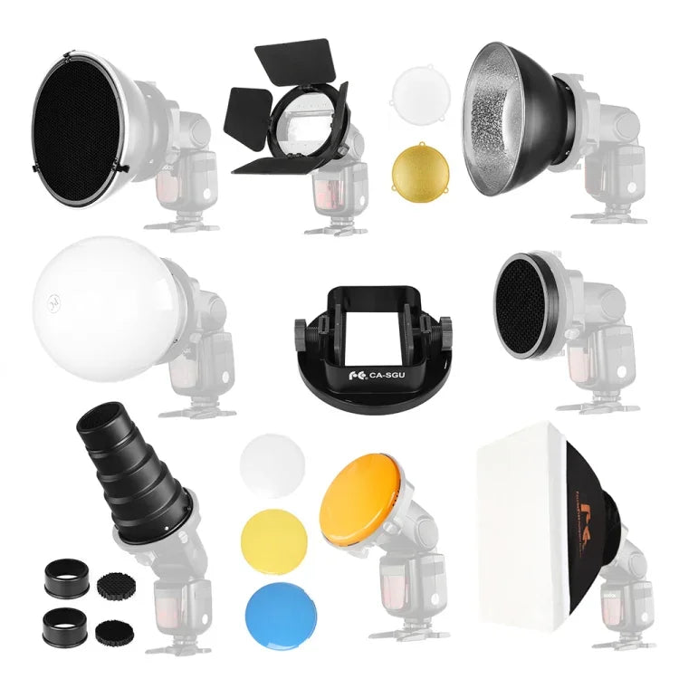 Kit de Acessórios para Speedlite Falcon Eyes SG-100, Adaptador Universal / Barndoor / Snoot / Colmeia / Reflector Standard / Colmeia para Reflector Suave / Bola Difusora / Gel de Cor / Softbox
