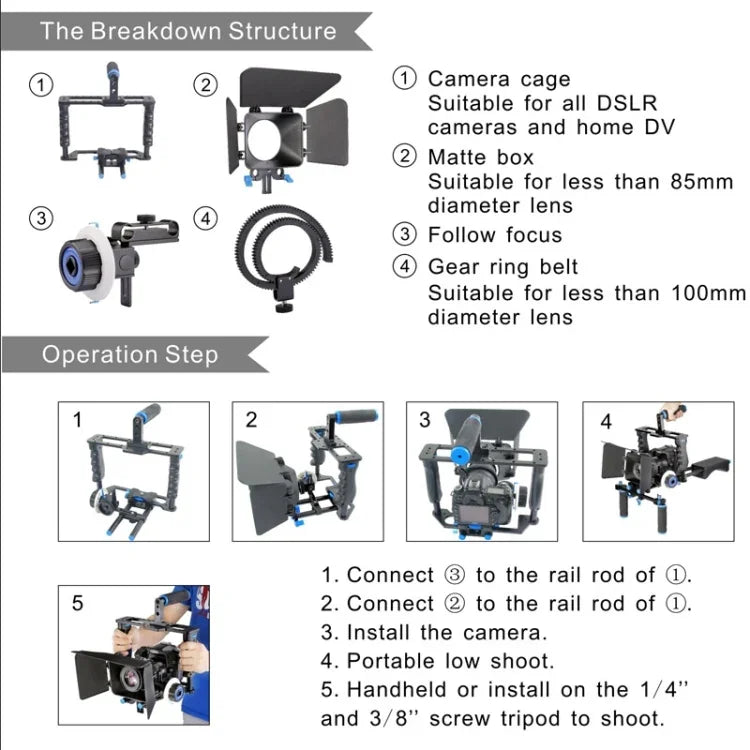 Estabilizador de Gaiola para Câmara de Vídeo com Pega Grande YELANGU YLG1103A-B + Kit Matte Box para Câmara DSLR / Câmara de Vídeo