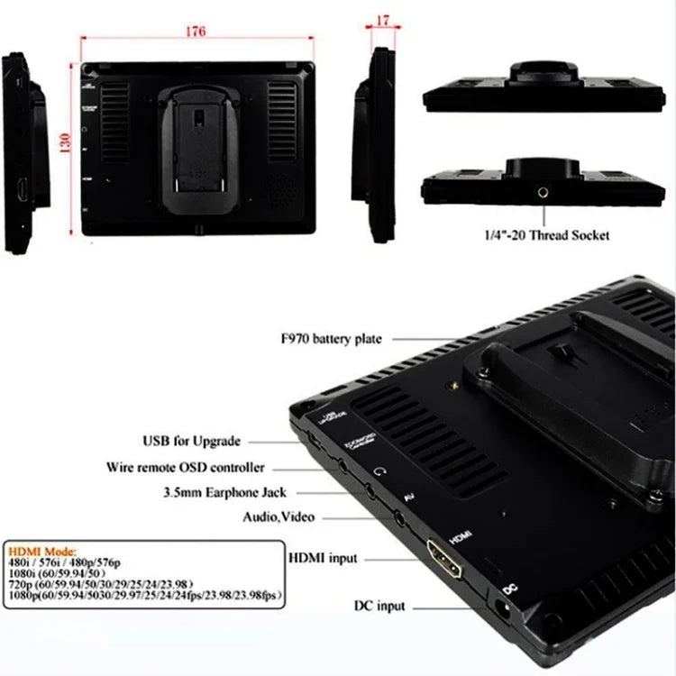 Monitor de campo para câmara FEELWORLD FW-759 de 7 polegadas, design fino, 1280 x 800, HDMI 1080P