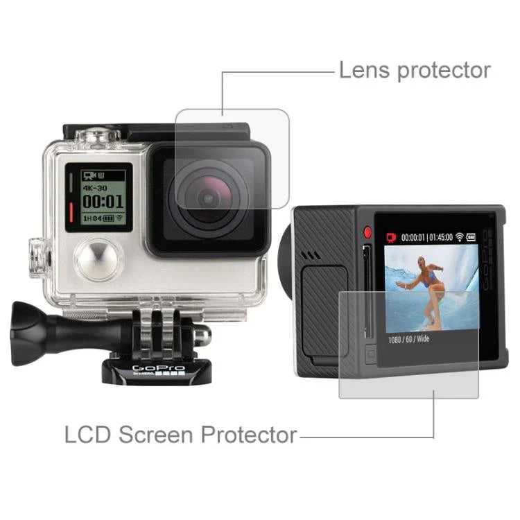 Protetor de Ecrã LCD Ultra Claro + Filme Protetor de Lente de Vidro para Câmara GoPro HERO4 Silver, HERO4 Silver