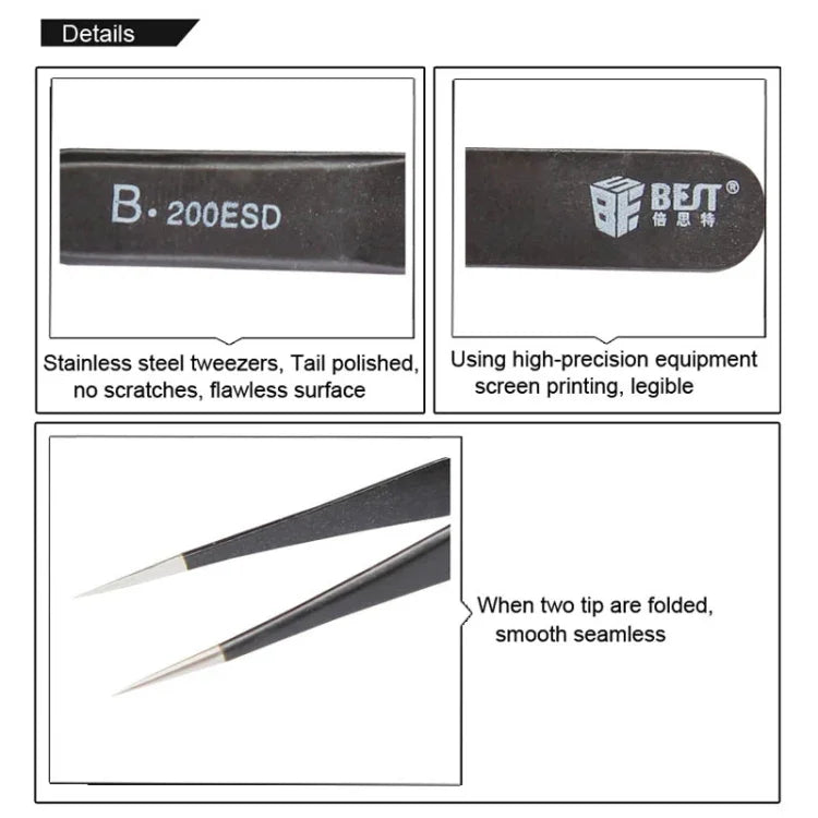 Pinças Anti-estáticas de Ponta em Aço Inoxidável 202 BEST BST-200ESD, BST-200ESD