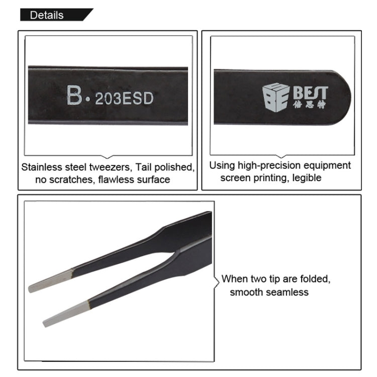Pinças BEST BST-203ESD 202 em Aço Inoxidável com Ponta Antiestática, BST-203ESD
