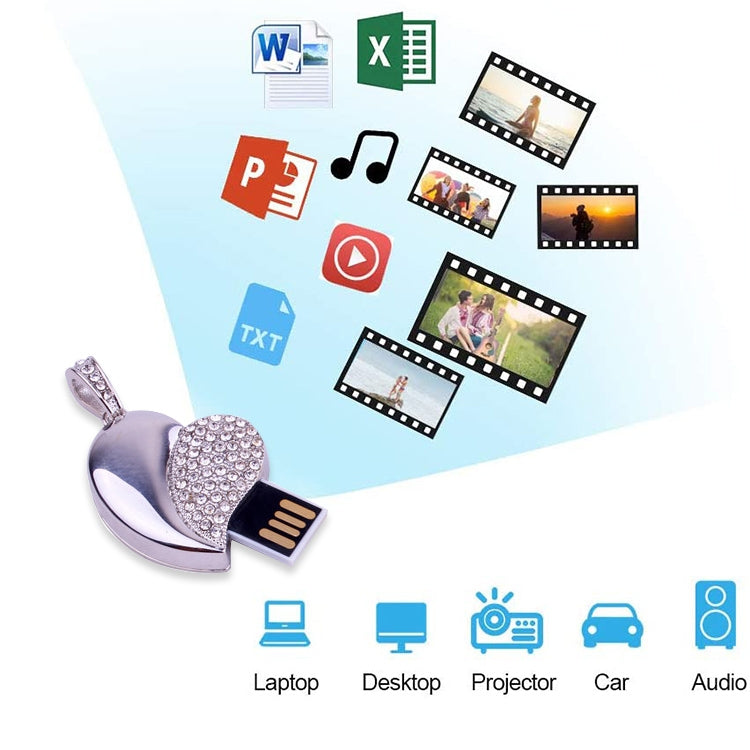 Pen USB em Forma de Coração com Diamante Prateado, Especial para Presentes do Dia dos Namorados, 2GB, 4GB, 8GB, 16GB, 32GB