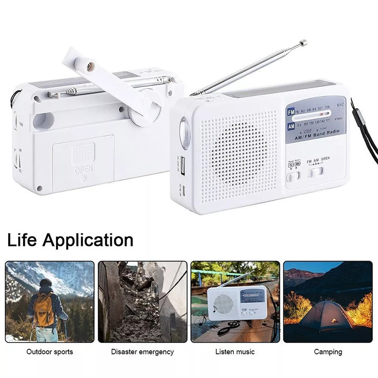 Lanterna LED portátil multifunções com energia solar / dínamo manual, rádio AM/FM e carregador para telemóvel, RD369
