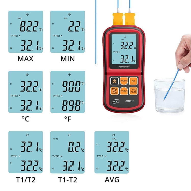 BENETECH GM1312 Termómetro Termopar com Ecrã LCD de 2,4 polegadas, Mede Tipos J, K, T, E, N e R, Faixa de Medição: -50~300°C