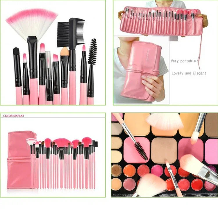 Conjunto de Pincéis de Maquilhagem com Cabo Rosa e Cerdas de Cabelo de Cabra 24 Peças com Bolsa Rosa, 24pcs