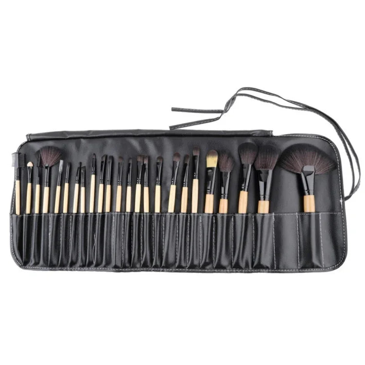 Conjunto de Pincéis Cosméticos com Cabo de Madeira e Cerdas de Cabelo de Cavalo 24 Peças com Bolsa de Couro Preta, 24 PCS