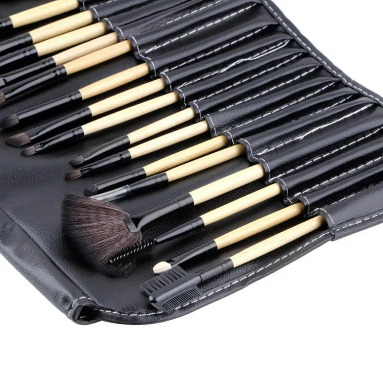 Conjunto de Pincéis Cosméticos com Cabo de Madeira e Cerdas de Cabelo de Cavalo 24 Peças com Bolsa de Couro Preta, 24 PCS