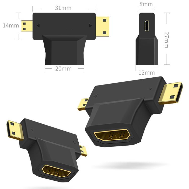 Adaptador 3 em 1 HDMI Fêmea para Mini HDMI Macho + Micro HDMI Macho, HDMI Fêmea para Mini HDMI+Micro HDMI