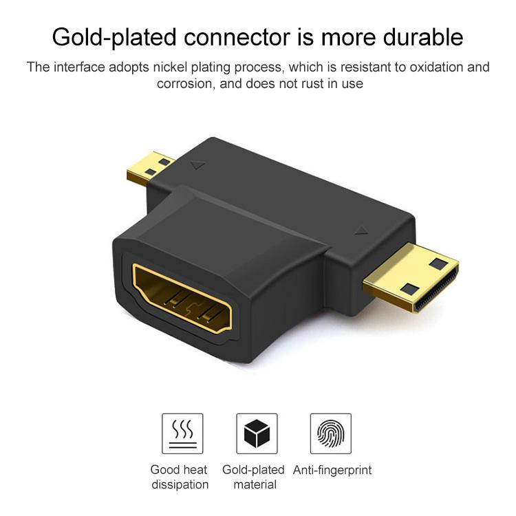 Adaptador 3 em 1 HDMI Fêmea para Mini HDMI Macho + Micro HDMI Macho, HDMI Fêmea para Mini HDMI+Micro HDMI