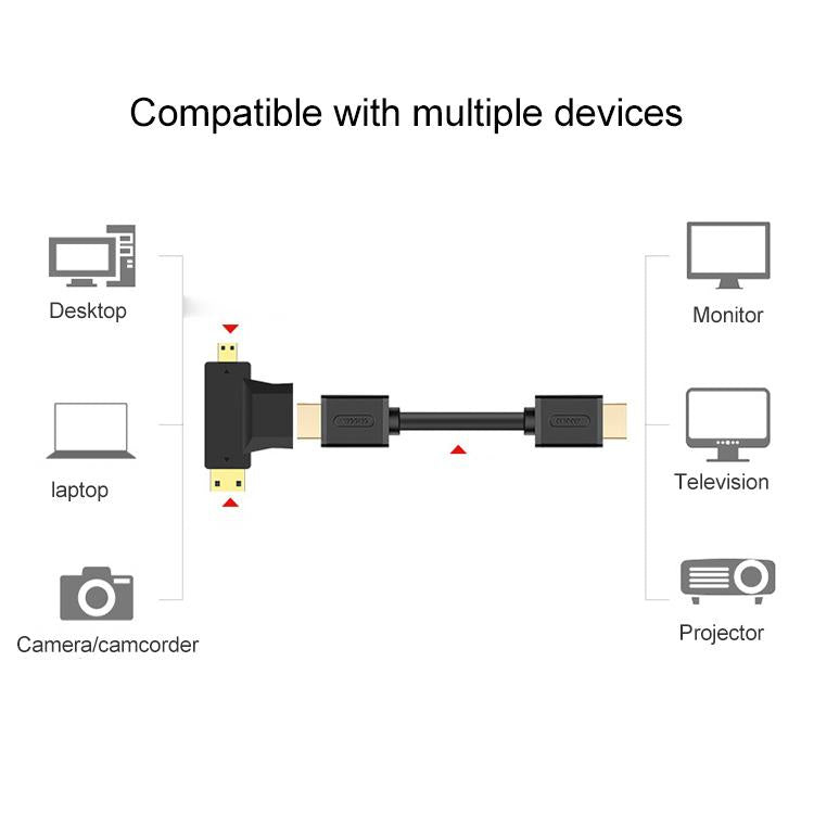 Adaptador 3 em 1 HDMI Fêmea para Mini HDMI Macho + Micro HDMI Macho, HDMI Fêmea para Mini HDMI+Micro HDMI