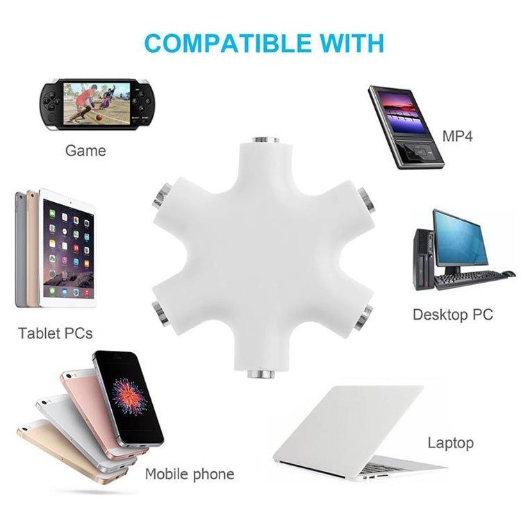Conector divisor de auscultadores de 6 portas, compatível com telemóveis, tablets, auscultadores, leitor MP3, estéreo de carro/casa e mais