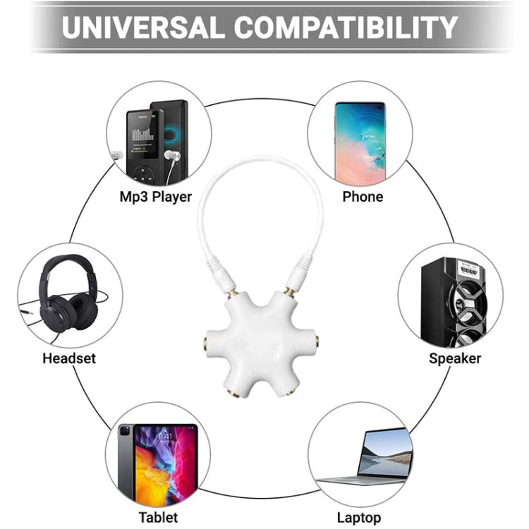 Conector divisor de auscultadores de 6 portas com cabo de áudio 3,5mm, compatível com telemóveis, tablets, auscultadores, leitor MP3, estéreo de carro/casa e mais