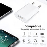 Adaptador de Carregador USB com Ficha UE de Alta Qualidade 5V / 1A para iPhone, Galaxy, Huawei, Xiaomi, LG, HTC e Outros Smartphones, Dispositivos Recarregáveis