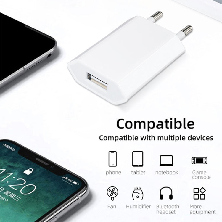 Adaptador de Carregador USB com Tomada UE 5V / 1A para iPhone, Galaxy, Huawei, Xiaomi, LG, HTC e Outros Smartphones, Dispositivos Recarregáveis